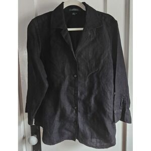LAUREN RALPH LAUREN woman Sz L black collared buttoned‎ blouse Linen